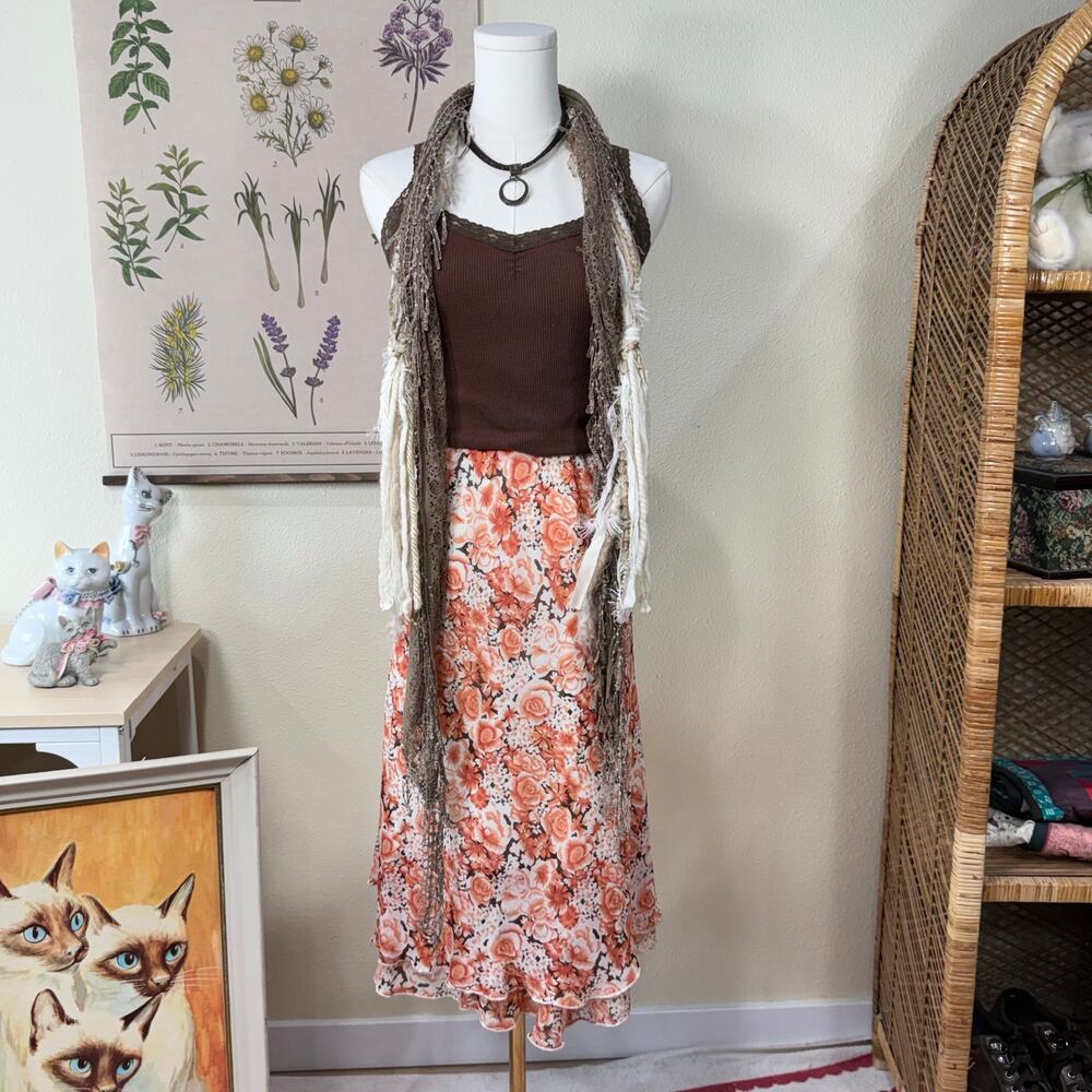 90s Y2k Floral Tiered Midi Skirt Romantic Forest Fairy Cottage Garden Party M